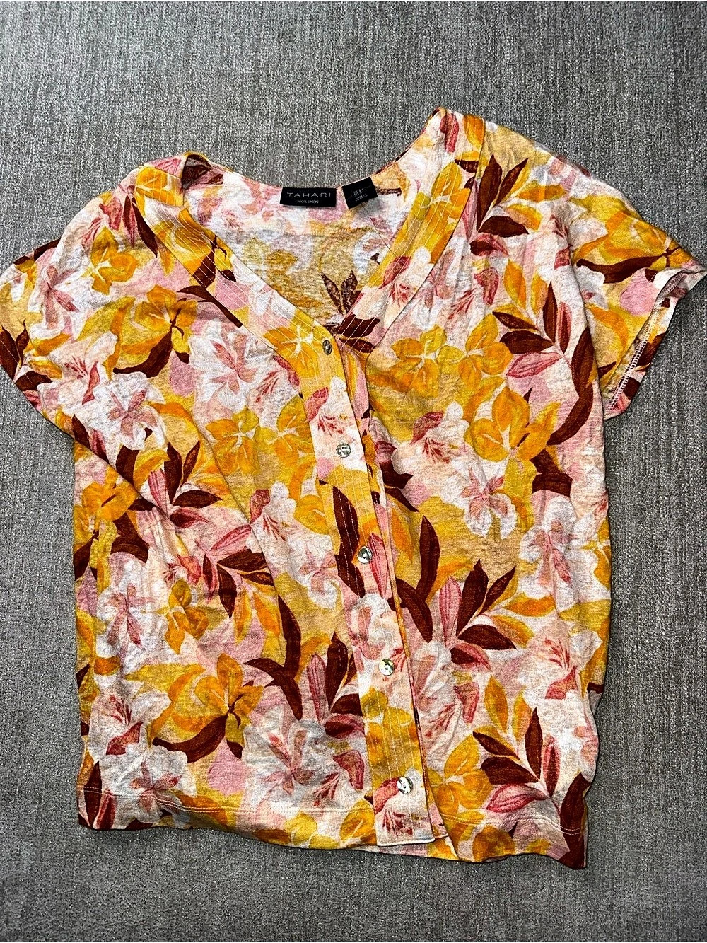 Tahari 100% Linen Floral Button Front Blouse Size S NWOT